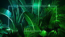 Tropical Plants Illuminated With Green And Blue Fluorescent Light. Nature Environment With Rectangle Shaped Neon Frame.
