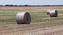 American Flag Wrapped Hay Bales In The Field Waiting To Be Picked Up And By The Ranch Hands