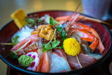 Fresh Japanese Sushi And Seafood Bowl, Close Up Of Kaisendon Meal