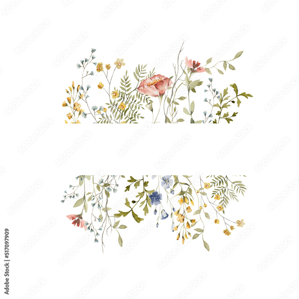Watercolor floral wreath. Hand painted frame of greenery, wildflowers ...