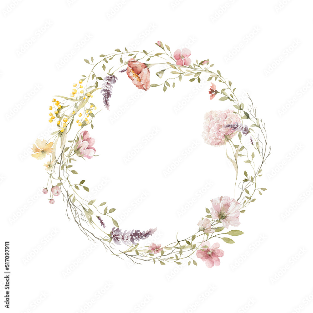 Watercolor floral wreath. Hand painted frame of greenery, wildflowers ...