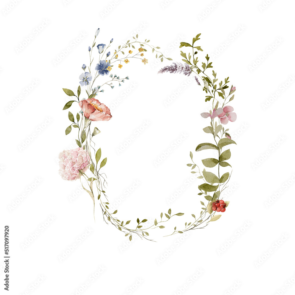 Watercolor floral wreath. Hand painted frame of greenery, wildflowers ...