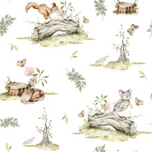 Watercolor Nursery Seamless Pattern. Hand Painted Woodland Cute Baby Animals In Wild, Forest Summer Landscape, Deer, Fawn, Mouse. Illustration For Baby Wallpaper, Wall Art Decor, Fabric