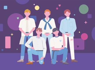 Wall Mural - korean k-pop boy groups are standing on stage in an ending pose. flat design style vector illustrati