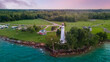 Pointe Aux Barques Lighthouse aerial view in Michigan.