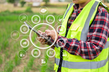 Wall Mural - Agriculture technology farmer woman holding tablet or tablet technology to research about agriculture problems analysis data and visual icon.Smart farming