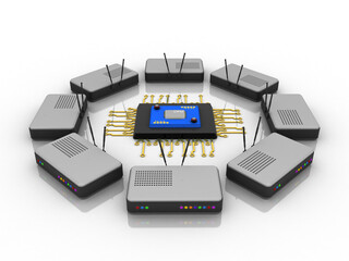 Poster - 3d rendering wifi modem with microchips 