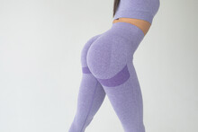 Close Up Of Buttocks Fitness Woman In Sportswear. Home Fitness Workout. Female Athletic Glutes And Legs Close Up.