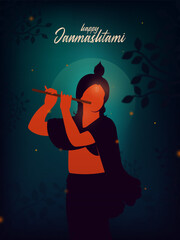 Happy Janmashtami text with Lord Krishna playing flute vector illustration, and the Indian festival Janmashtami celebration banner, digital post, poster, and card design