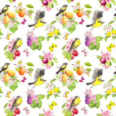 Wall Mural - Butterflies, birds, fruits, berries. Vintage seamless pattern with plum, cherry, apple branches and spring blossom. Watercolor