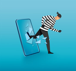  - Hacker, thief hacking into smartphone. vector illustration