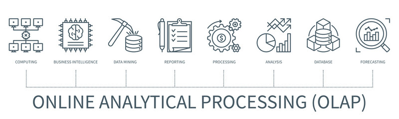 Online analytical processing vector infographic in minimal outline style