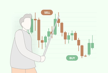 Poster - Webinar, seminar or lecture on financial trading on stock, forex or crypto market. Business financial analyst character tells how to trade with candlesticks, where to invest, buy, sell assets