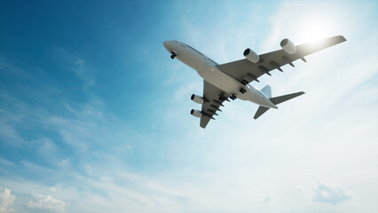 Conceptual flying white passenger jetliner or commercial plane after take off rising over a beautiful sky background. 3D illustration for jet transportation, travel industry or modern freedom concept