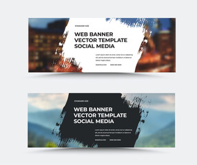 Poster - Vector web banner template with geometric paint stroke, central text on white, black background, for social media. Leaflet set.