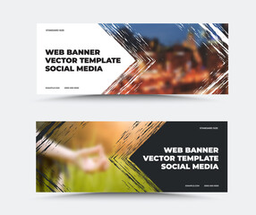 Vector web banner template with arrow paint stroke, company text, data on white, black background, for social media.