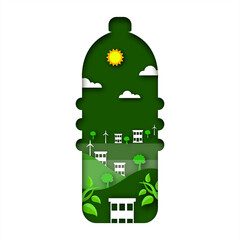 Wall Mural - Green And White Paper Cut Bottle Shape Background With Buildings, Windmills, Trees, Clouds And Sunshine.