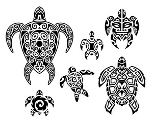 Wall Mural - Set of sea turtles Maori style. Tattoo sketch. For print, t-shirt, cards, fabric, tattoo.