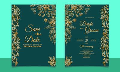 Wall Mural - Beautiful golden floral wedding invitation card design templates