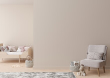 Empty Cream Wall In Modern Child Room. Mock Up Interior In Scandinavian Style. Copy Space For Your Picture Or Poster. Bed, Armchair, Toys. Cozy Room For Kids. 3D Rendering.