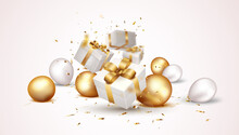 Gift Box With Gold Confetti And Balloons , Isolated On Transparent Background