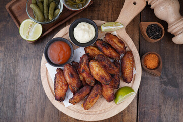 Grilled chicken wings on a wooden cutting board