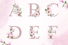 Watercolor Floral Alphabet Set Of A, B, C, D, E, F With Hand Drawn Flower And Leaves