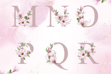 Watercolor Floral Alphabet Set Of M, N, O, P, Q, R With Hand Drawn Flower And Leaves