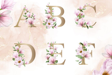 Wall Mural - Watercolor floral alphabet set of a, b, c, d, e, f with hand drawn Flower and Leaves