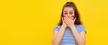 Scared Girl In White-blue Striped T Shirt Covers Mouth Hands And Looking At Camera With Shocked Facial Expression. Young Emotional Woman. Banner