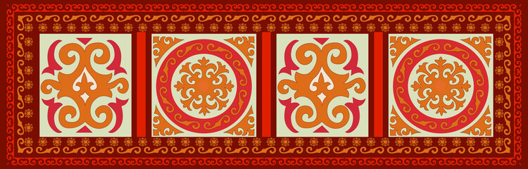 Kazakh traditional carpet - nomadic ornaments in brown colors, home interior elements. Digital textile patterns. Kazakhstan  