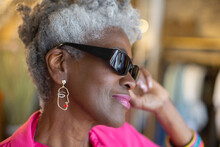 Close Up Portrait Stylish Senior Woman In Sunglasses