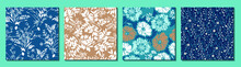 Set Of Simple Floral Seamless Patterns. Meadow Plants, Leaves, Leaf And Small Daisy Flowers Collection. All Over Print. Botanical Collage In Modern Flat Liberty Style. Floral Silhouettes. Summer Motif