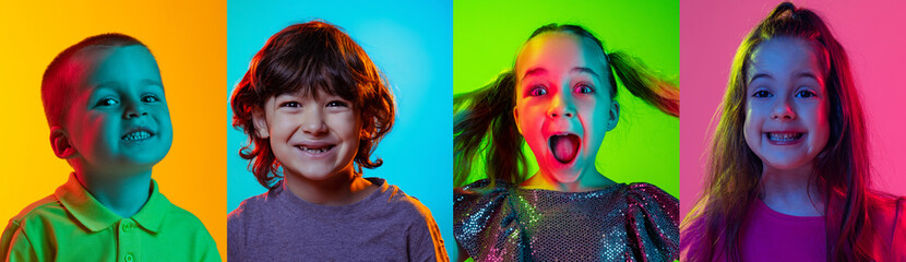 Wall Mural - Horizontal flyer with set of images of cute kids, boys and girls isolated on multicolored background in neon light. Emotions, facial expression and childhood concept.