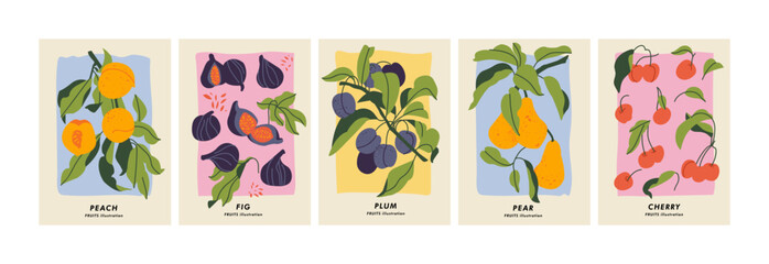 Vector illustration set of botanical posters with different fruits. Art for for postcards, wall art, banner, background.