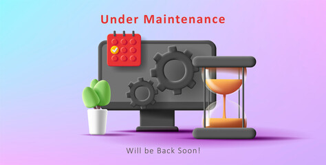 3d illustration of computer maintenance with sand clock, cogs and calendar icons. Vector illustration