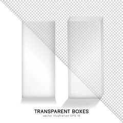 Realistic empty white transparent product boxes. Isolated tall plastic packages. Front and perspective view of rectangular cosmetic or medical or another product boxes mockup. 3d glass containers 