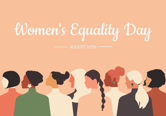 Wall Mural - Women's Equality Day. Women of different ages, nationalities and religions come together. Horizontal pink pastel poster. 