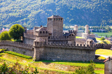 Scenic View Of Historical Group Of Fortifications Castles Of Bellinzona, Swiss Canton Of Ticino