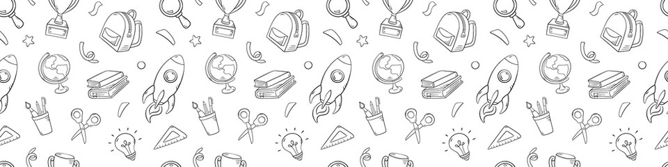 School seamless pattern in doodle style, vector illustration. Back to school concept, stationery symbols on a white background. Pattern hand drawn for print and design online education, quiz game