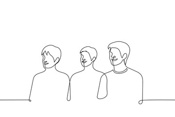 Wall Mural - group of men laughing looking at something - one line drawing vector. concept to watch something funny, laugh at a joke
