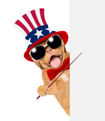 Happy Mastiff puppy wearing like Uncle Sam points on empty white banner. isolated on white background