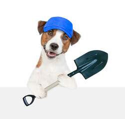 Poster - Jack russell terrier puppy farmer wearing blue cap holds shovel above empty white banner. isolated on white background