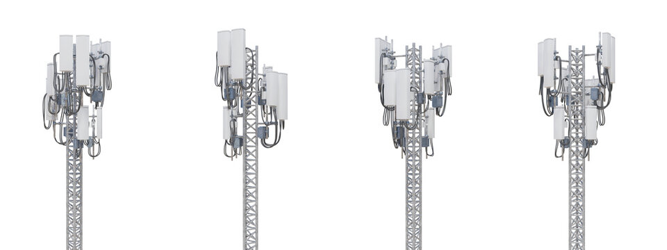 3d rendering of mobile phone signal repeater station tower in different view angles, isolated on whi