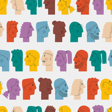 Vector Seamless Pattern With Different Faces Of People. Unrealistic Men And Women In Profile, Looking In Different Directions.