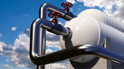 Poster - chemical equipment. tanks for storage chemical products. steel pipes on background of sky. chemical 