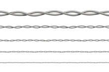 3D Metal Wire, Seamless Pattern Set, Barbwire With Twisted Steel Spiral Shapes And Curves