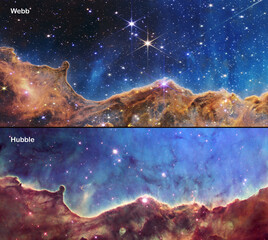 Webb and Hubble telescopes side-by-side comparisons visual gains. Carina Nebula, NGC 3324. Elements of this picture furnished by NASA, ESA, CSA, STSc