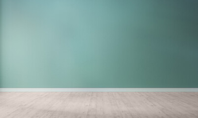 Light blue textured wall and wooden floor in empty room for displaying your product, light coming through window.