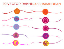 Set Of 10 Vector Rakhi For Indian Festival Of Rakshabandhan, 10 Decorative Rakhi, Colorful Rakhi Collection,